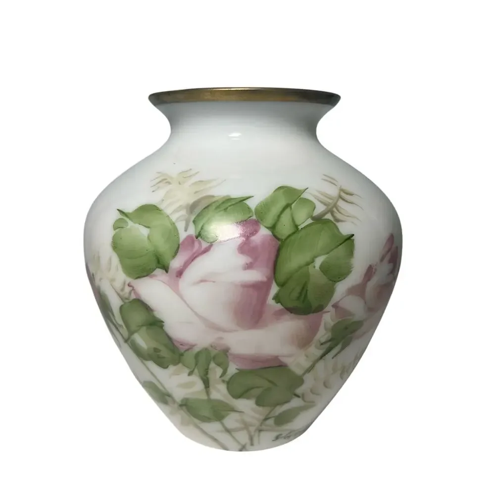 Vintage 40s DeLuxe Inc USA Signed Hand Painted Floral Vase Milk Glass - Picture 1 of 12